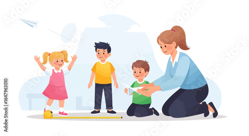 Teacher with Children Playing with Paper Airplane Outdoors - School Activities