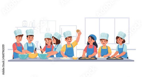 Children happily baking and decorating cookies in a bright, modern kitchen, wearing chef hats and aprons