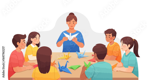 Teacher Guiding Children in a Creative Origami Workshop