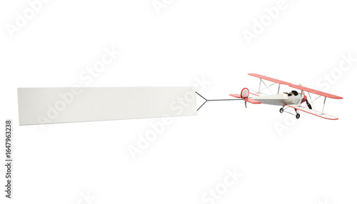 Classic airplane pulling blank white text banner on transparent background. 3D illustration