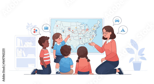 A female teacher with a diverse group of young students in a classroom, learning about geography with a large map of the United States.
