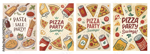 Colorful illustration featuring pizza and pasta party themes, perfect for food promotion.