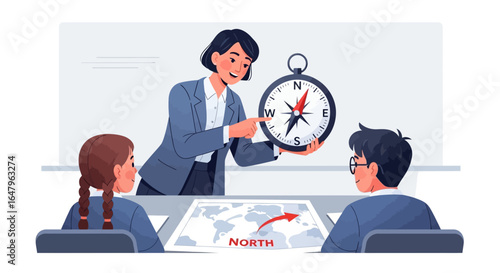 Teacher showing a compass and map to students in a classroom, illustrating navigation and geography lessons