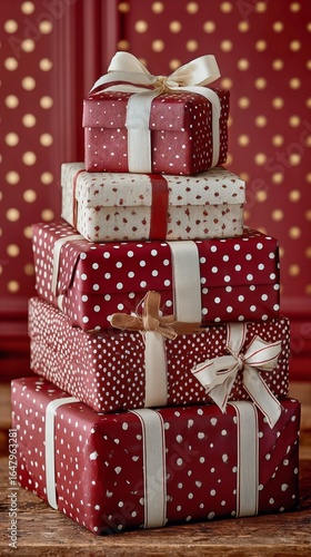 A Stack of Elegantly Wrapped Gifts Features Various Festive Patterns in Red a...