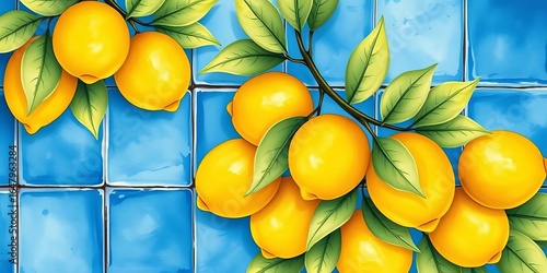 Hand-painted watercolor lemons & Sicilian blue tiles Vibrant, rustic, Mediterranean, ceramic, Italy
