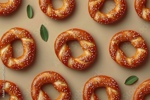 Soft Pretzels Arranged on a Light Brown Surface With Green Leaves for an Appe...