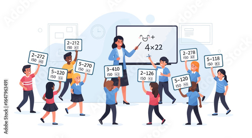 Classroom Scene Teacher Explaining Multiplication to Students Holding Math Problem Signs