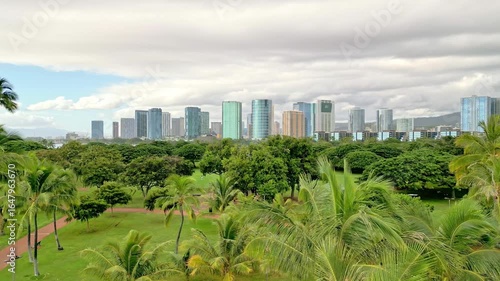 Aerials of the Honolulu Cityscape from Ala Moana - Oahu, Hawaii