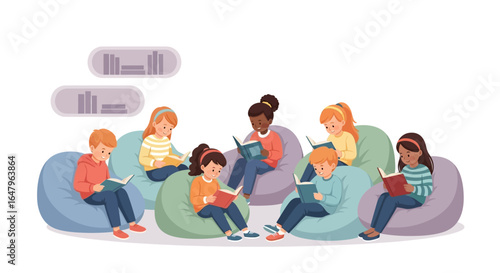 Diverse group of children engrossed in reading books, comfortably seated in beanbag chairs.