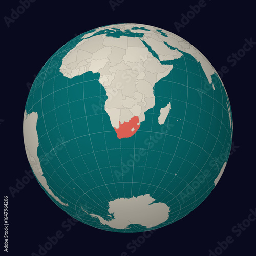 South Africa on the map. Globe centered to South Africa. Country location on the world map. Teal Pale Mint color palette. Globe with countries, meridians and parallels. Neat vector illustration.