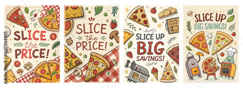 Colorful pizza-themed promotional banners featuring playful illustrations and catchy phrases.