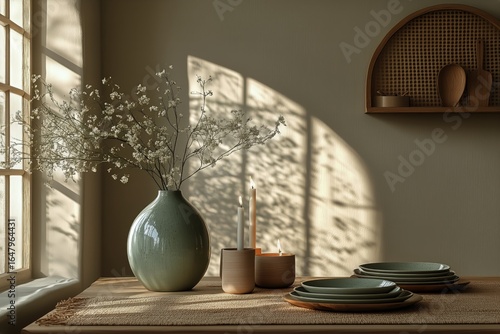 Decorative Arrangement Featuring Pottery and Wooden Kitchenware Under Soft Su...