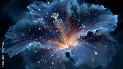 Abstract Cosmic Flower - Transparent Blue with Stars and Internal Glow