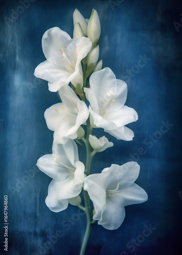 White Freesia Blooms - Botanical Illustration with Cyanotype Texture Background