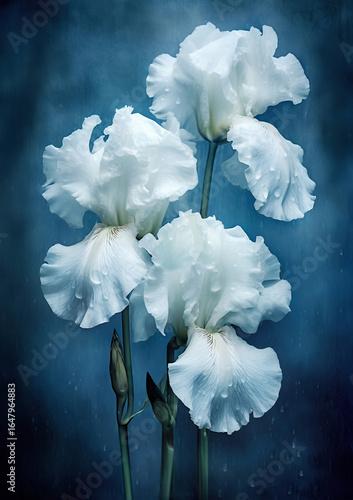 White Iris Flowers with Vintage Blue Cyanotype Background