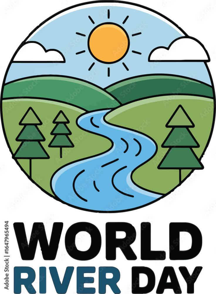 Obraz premium World River Day Celebration: Scenic Landscape with Winding River and Sun
