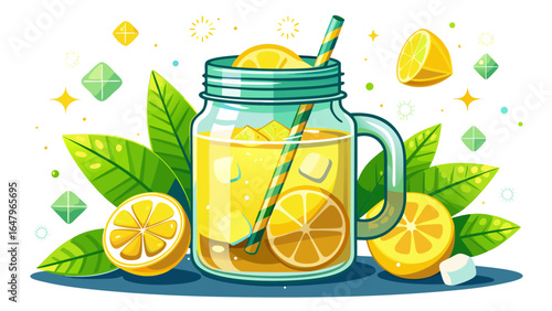 Chilled lemonade in a glass mason jar sparkles with ice cubes, fresh lemon slices resting beside, radiating a refreshing summery charm against a clean white background in semi-realistic vector style.