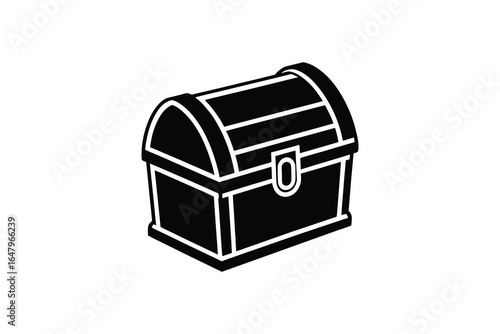 A black and white illustration of a closed treasure chest with a lock silhouette