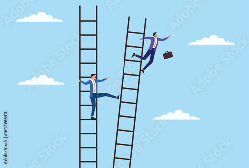 Vector illustration of workplace rivalry showing a businessman kicking another off a ladder, symbolizing sabotage, competition, betrayal, and unethical behavior in the pursuit of success
