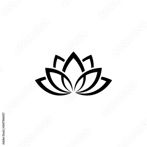 Black and white graphic design of a stylized lotus flower on a white background