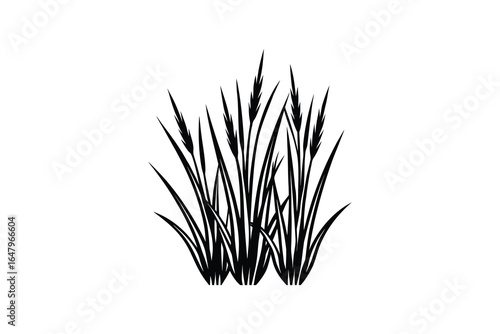 A black silhouette of cattails or reeds against a white background