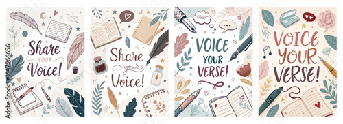 Colorful illustrations promoting creative expression through writing and poetry.
