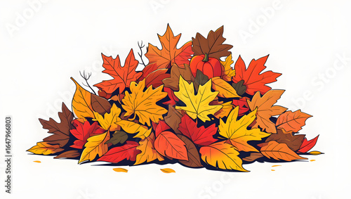Vector Clipart of a Pile of Colorful Fall Leaves – Autumn Foliage Illustration with Vibrant Seasonal Colors on White Background for Seasonal Design Projects