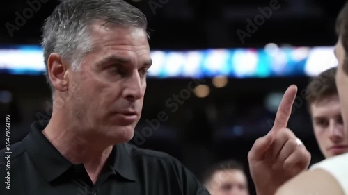 Intense coach motivational speech during crucial basketball game timeout
