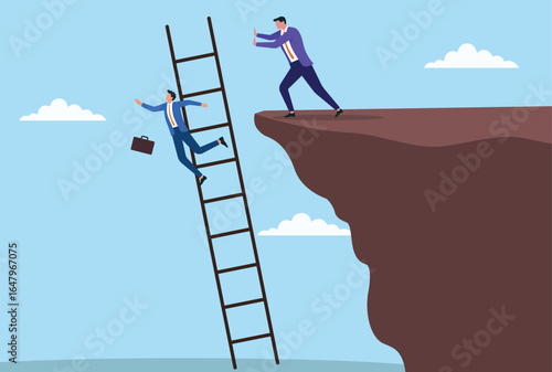 Vector illustration of a businessman being pushed down by another while climbing stairs, symbolizing competition, betrayal, and obstacles on the path to success
