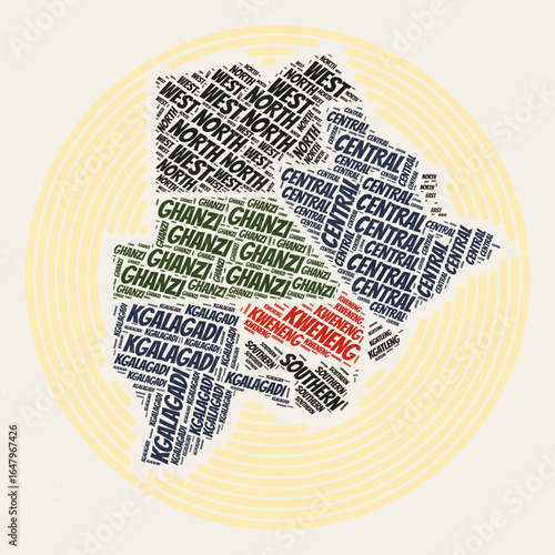 Botswana Round Poster. Typography style image of Country. Regions word clouds of Botswana. Vintage image design with scratch texture.