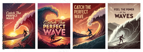 Dynamic wave illustrations showcase the thrill of surfing with vibrant colors and bold designs.