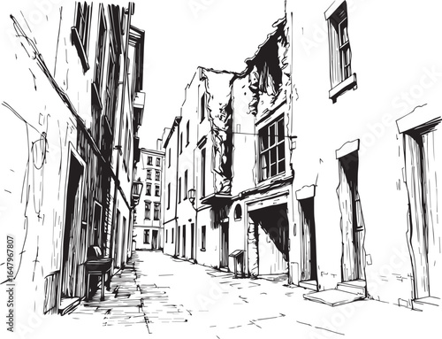 Gloomy urban alleyway, back streets. Hand drawn vector illustration