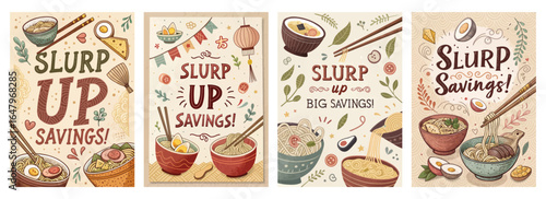 Colorful illustrations promoting savings with noodle bowls and chopsticks, creating a vibrant and inviting atmosphere.