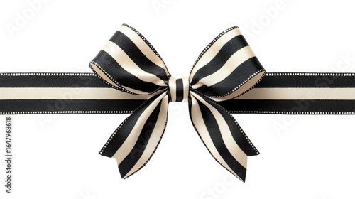 Front view of a black and white striped ribbon and bow isolated on a white transparent background