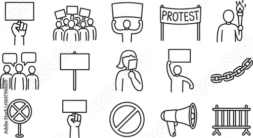 Protest and Demonstration Icons with Signs and Megaphone rally activism