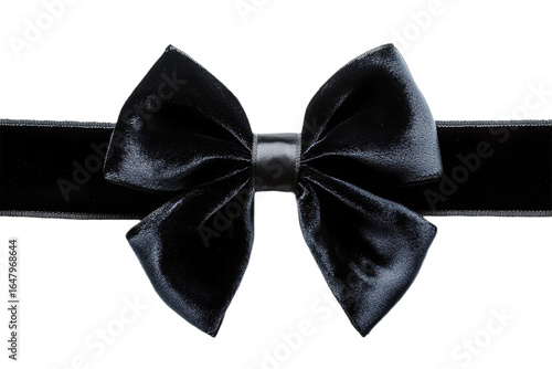 Front view of a black velvet ribbon and bow isolated on a white transparent background