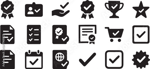 Set of Black and White Checkmark Icons Representing Achievement and Success