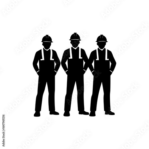 Three construction workers in overalls silhouette group