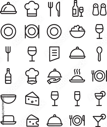 Collection of thin line art icons representing various food and beverage elements for restaurants and dining experiences
