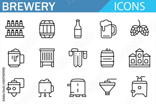 Vector icons for beer brewing, fermentation tanks, and brewery tools