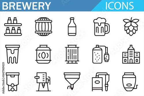 Icons representing brewing processes and beer equipment for breweries