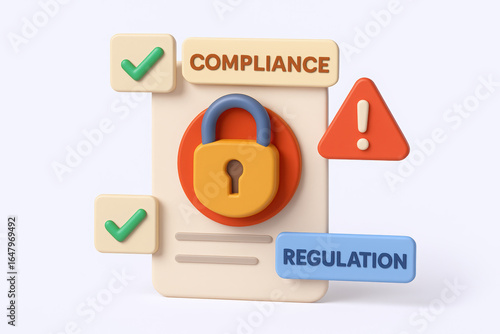 Colorful 3D illustration of compliance and regulation concepts with a padlock and alert symbols.