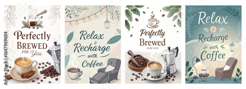 A serene coffee-themed illustration set inviting relaxation and enjoyment.