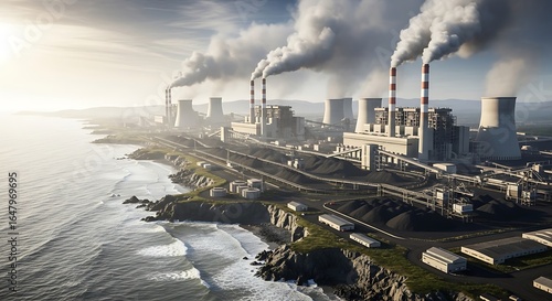 Coastal coal power station with smokestacks billowing smoke, highlighting industrial pollution and energy generation.