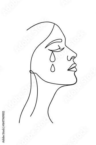 Minimalist single line drawing a woman crying with tears falling face profile