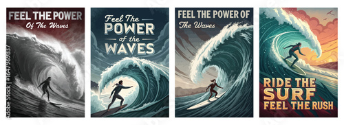 Four dynamic vintage surf-themed illustrations highlighting wave power and adventure.