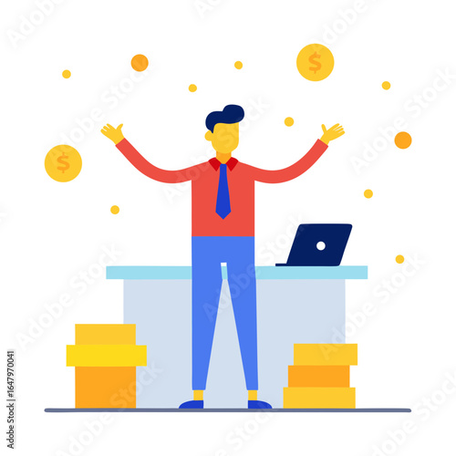 Vector art illustration of a successful digital businessman with gold coins
