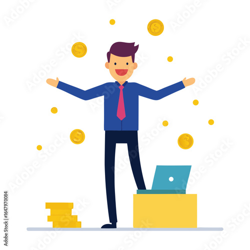 Vector art illustration of a successful digital businessman with gold coins