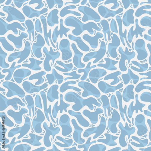 Soft seamless camouflage pattern with flowing light blue shapes and white outlines in a modern abstract style