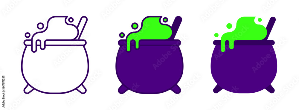 Fototapeta premium Spooky purple cauldron with glowing neon green potion in outline, flat, and detailed styles for Halloween magic scenes.